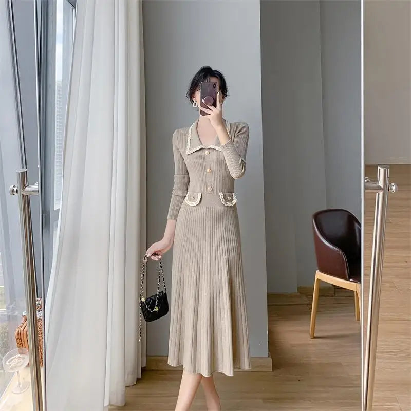 Women Lapel Single Breasted Patchwork Midi Sweater Dress Elegant Fashion Pullover Bodycon Streetwear Knit Dress 2023 New Autumn