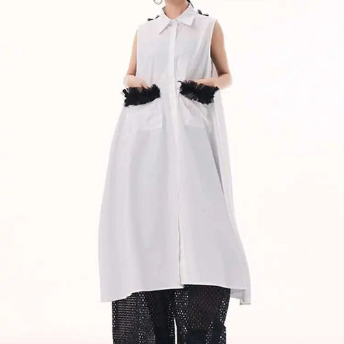 Load image into Gallery viewer, Women White Mesh Color-block Backless Big Size Shirt Dress New Lapel Sleeveless Fashion Tide Spring Summer 2025 1DH9518
