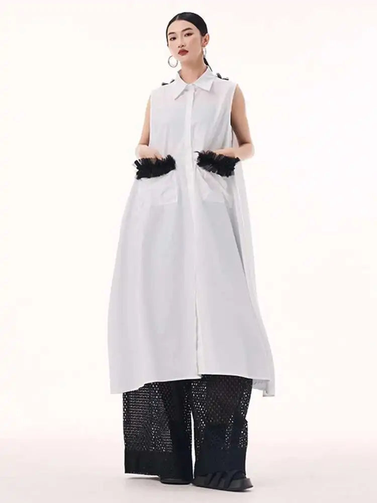 Women White Mesh Color-block Backless Big Size Shirt Dress New Lapel Sleeveless Fashion Tide Spring Summer 2025 1DH9518