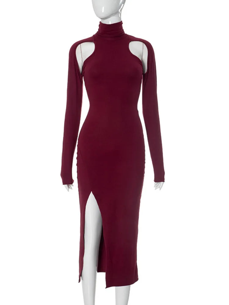 Elegant Long Sleeved Bodycon Hollowed Out Slit Party Evening Dress For Women Sexy Slim Mid Length Dress Spring 2025 New