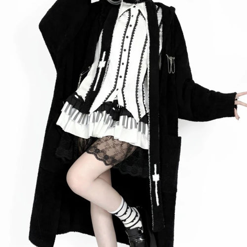 Load image into Gallery viewer, Gothic Punk Cashmere Knitted Long Cardigans Knee Length Loose Hooded Sweater Coat Korean Ins Causal Elegant Vintage Cardigan Y2k
