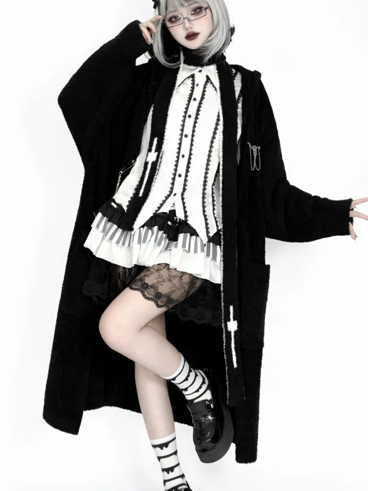Gothic Punk Cashmere Knitted Long Cardigans Knee Length Loose Hooded Sweater Coat Korean Ins Causal Elegant Vintage Cardigan Y2k