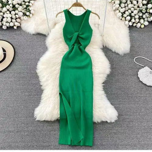 Load image into Gallery viewer, Fashion Women's Solid V Neck Elegant Sexy Club Slim Vest Long Dress Summer Vacation Backless Sleeveless Split Knitted Dress Chic
