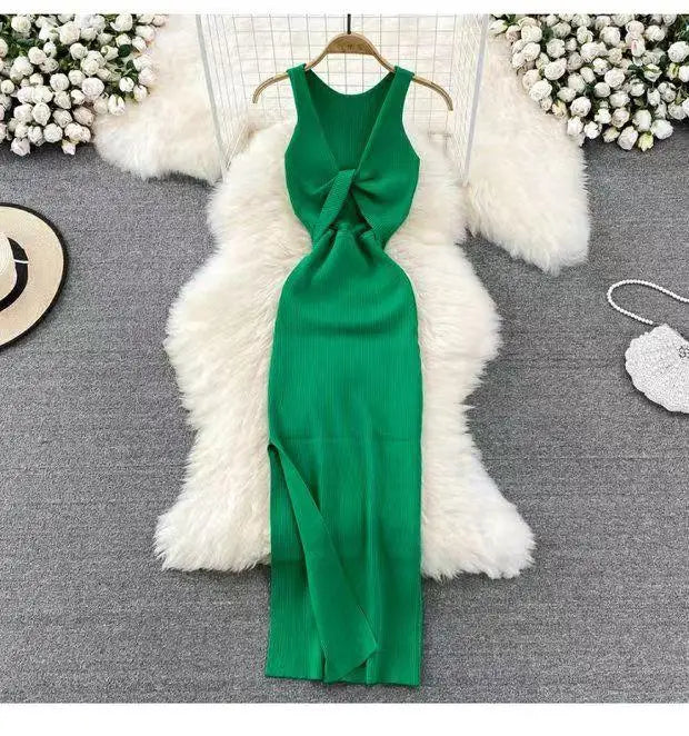 Fashion Women's Solid V Neck Elegant Sexy Club Slim Vest Long Dress Summer Vacation Backless Sleeveless Split Knitted Dress Chic