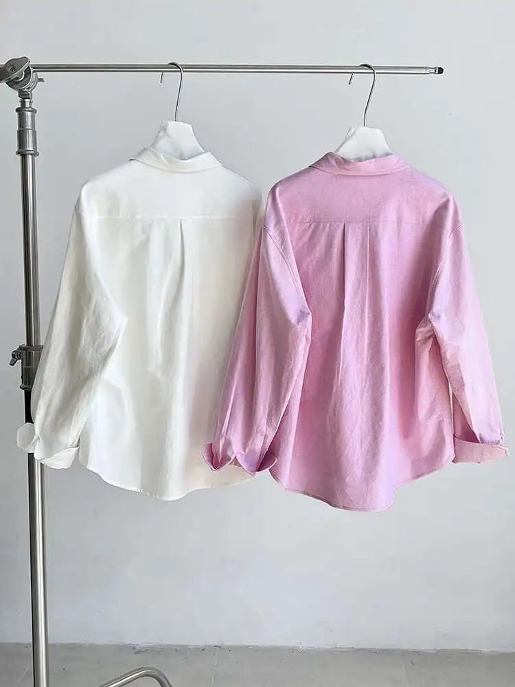 Women White Brief Plain Color Big Size Casual Blouse New Lapel Long Sleeve Shirt Fashion Tide Spring Autumn 2025 1DJ0744
