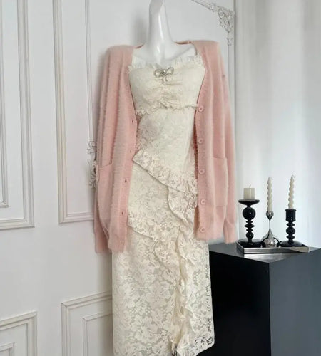 Summer 2024 French Vintage Beige Lace Sleeveless Elegant Spaghetti Strap Long Dress Women Backless Ruffles Party Evening Dresses