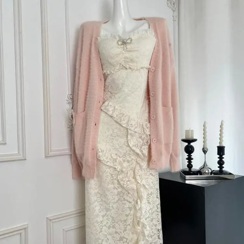 Load image into Gallery viewer, Summer 2024 French Vintage Beige Lace Sleeveless Elegant Spaghetti Strap Long Dress Women Backless Ruffles Party Evening Dresses
