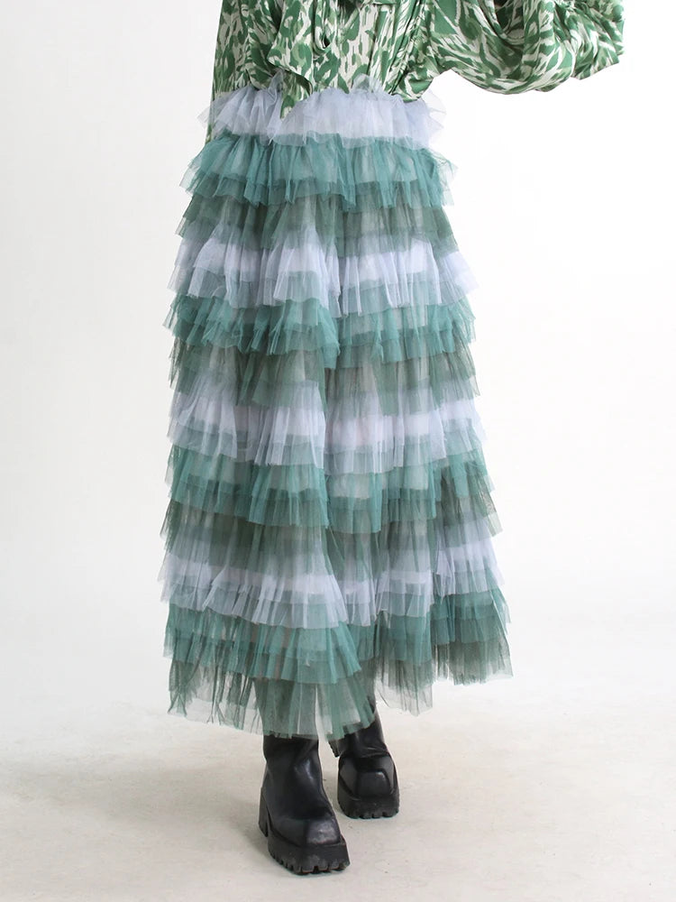 Mesh Elegant Skirts For Women High Waist Folds Elegant Temperament Ball Gown Skirt Female Summer Fashion Clothing