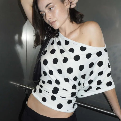 Load image into Gallery viewer, Temperament Slanted Shoulder Polka Dot Hollow Patchwork Dress Women Sexy Backless Tight Spring/summer Party Beachwear
