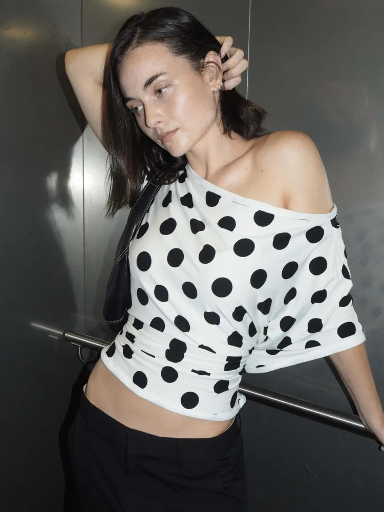 Temperament Slanted Shoulder Polka Dot Hollow Patchwork Dress Women Sexy Backless Tight Spring/summer Party Beachwear