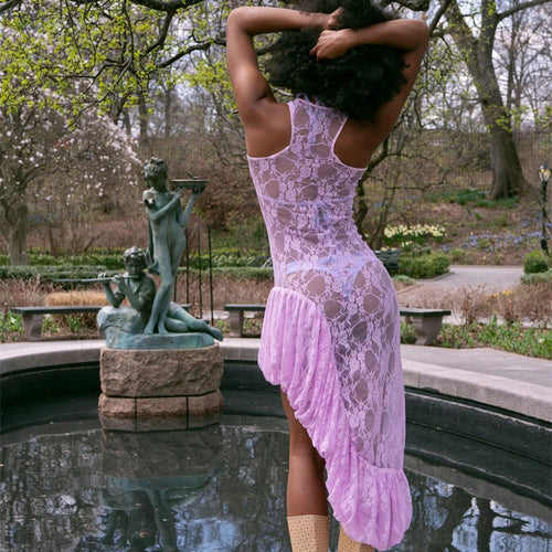 Load image into Gallery viewer, Lace See Through Ruffle Sexy Midi Dress Women Gown Summer Fashion High Waist Slim Thigh High Split Elegant Long Dress
