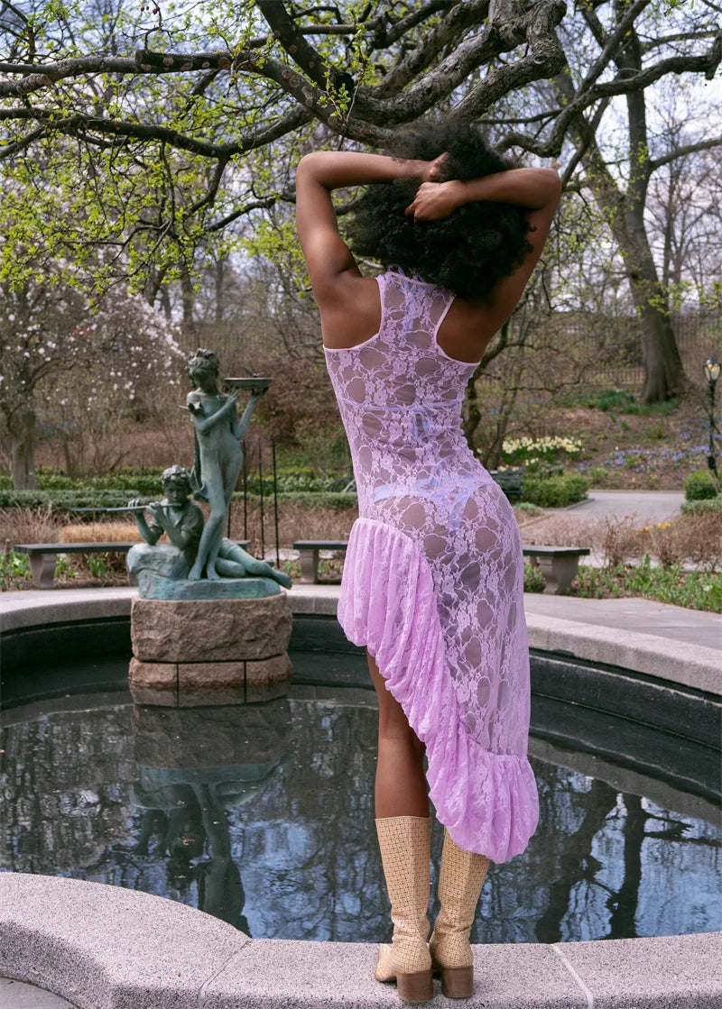 Lace See Through Ruffle Sexy Midi Dress Women Gown Summer Fashion High Waist Slim Thigh High Split Elegant Long Dress