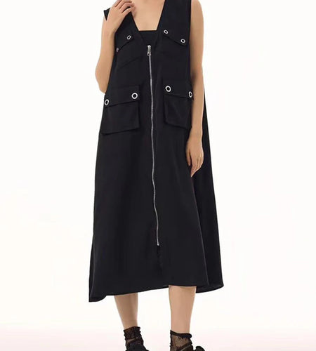 Women Black Zipper Pockets Spliced Big Size Midi Vest Dress New V-Neck Sleeveless Fashion Tide Spring Autumn 2025  1DJ1194