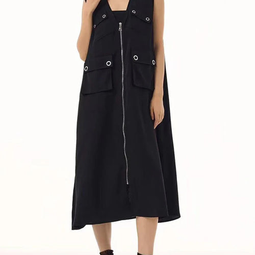 Load image into Gallery viewer, Women Black Zipper Pockets Spliced Big Size Midi Vest Dress New V-Neck Sleeveless Fashion Tide Spring Autumn 2025  1DJ1194
