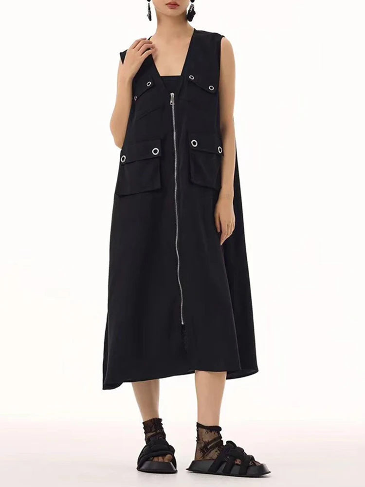 Women Black Zipper Pockets Spliced Big Size Midi Vest Dress New V-Neck Sleeveless Fashion Tide Spring Autumn 2025  1DJ1194