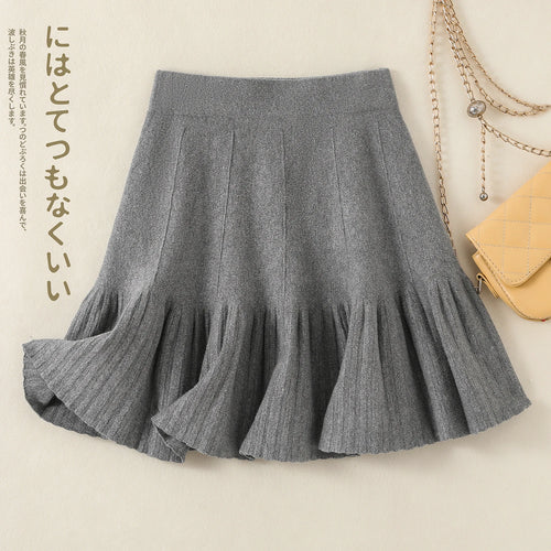 Load image into Gallery viewer, Korean Fashion Autumn Winter Warm Women Solid Knitted Short Skirt High Waist Ruffle Edge A-line Pleated Skirt 2024 New Versatile
