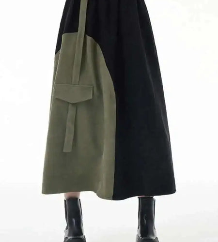 High Elastic Waist Color-block Asymmetric Green A-line Half-body Skirt Women Fashion Tide New Spring Autumn 2025 1DH3872