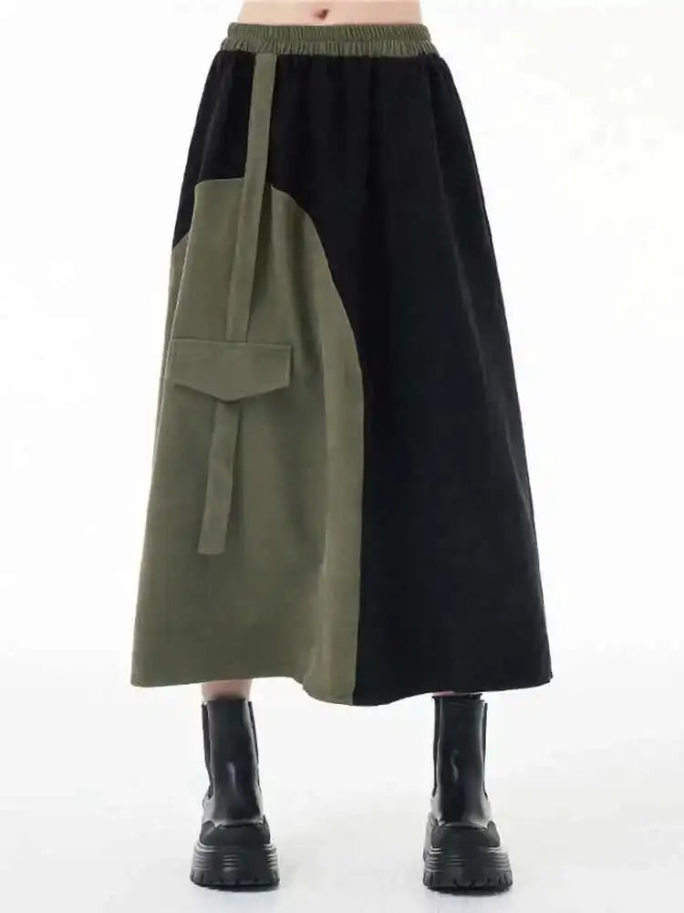 High Elastic Waist Color-block Asymmetric Green A-line Half-body Skirt Women Fashion Tide New Spring Autumn 2025 1DH3872