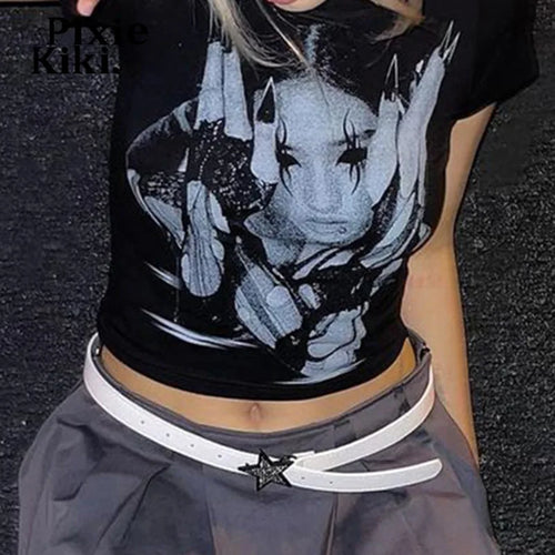 Load image into Gallery viewer, Black Graphic Tees Y2k Shirts 2000s Streetwear Emo Girl Clothes Short Sleeve Cropped Top Summer 2024 P84-BB16
