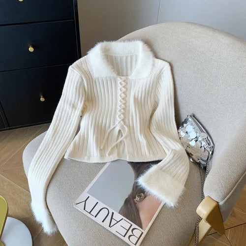 Load image into Gallery viewer, French Fashion Women Black Beige Patchwork Elegant Long Sleeve Sweaters 2024 New Autumn Winter Vintage Lace-up Knit Cotton Tops
