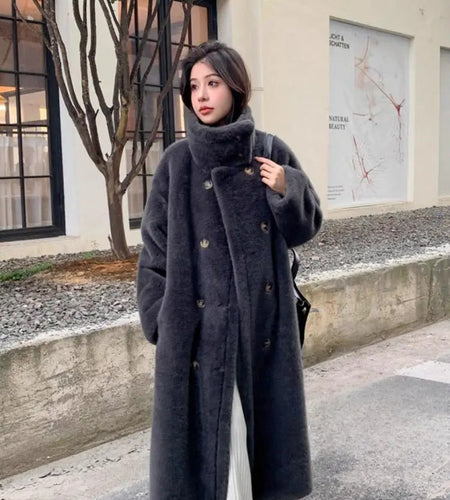 French Vintage Women Beige Long Sleeve Thick Mink Coat 2024 New Autumn Winter Ladies Double Breasted Warm Jacket Trendy Fashion