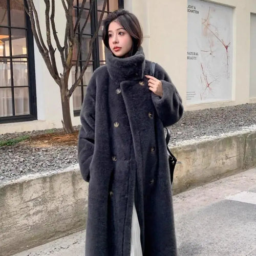 Load image into Gallery viewer, French Vintage Women Beige Long Sleeve Thick Mink Coat 2024 New Autumn Winter Ladies Double Breasted Warm Jacket Trendy Fashion
