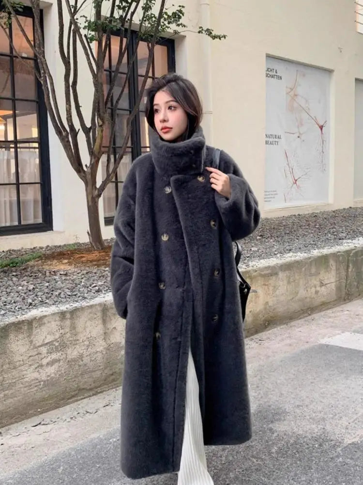 French Vintage Women Beige Long Sleeve Thick Mink Coat 2024 New Autumn Winter Ladies Double Breasted Warm Jacket Trendy Fashion