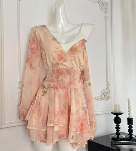 Autumn Khaki Print V-neck Elegant Long Sleeve Mini Dress French Women Vintage Sweet Pink Vacation Party Short Dress Fashion Boho