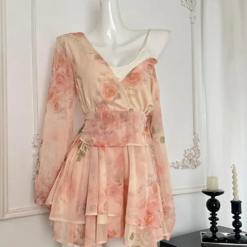 Load image into Gallery viewer, Autumn Khaki Print V-neck Elegant Long Sleeve Mini Dress French Women Vintage Sweet Pink Vacation Party Short Dress Fashion Boho
