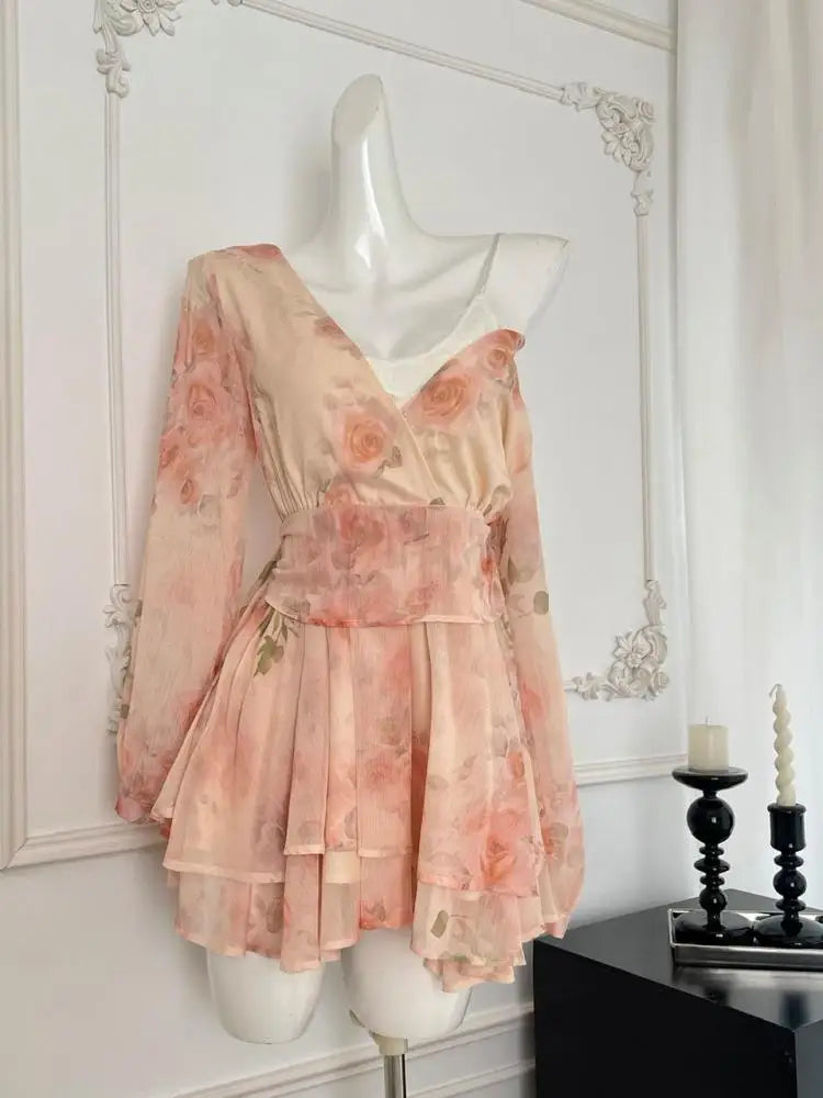 Autumn Khaki Print V-neck Elegant Long Sleeve Mini Dress French Women Vintage Sweet Pink Vacation Party Short Dress Fashion Boho