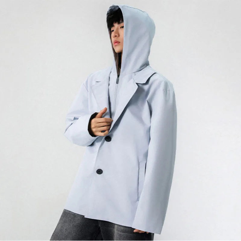 Men's Hooded Suit Jacket New Korean Lapel Fake Two-piece Design Single Breasted Solid Color Spring New Male Blazers 9W1242