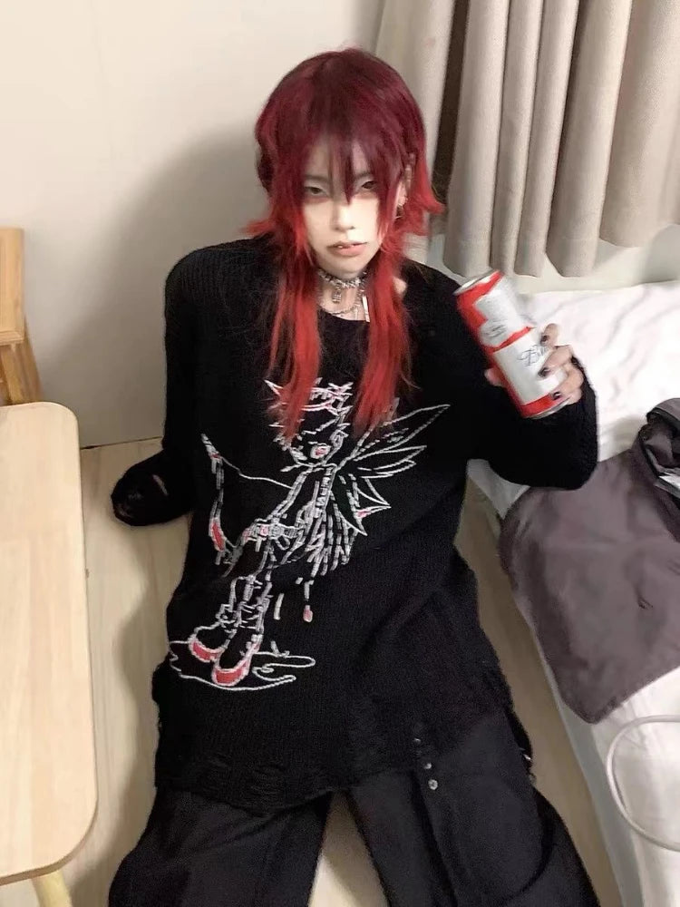 Autumn Gothic Black Hole Sweater Women Cartoon Embroidery Y2k Aesthetic Grunge Pullover Casual Loose Streetwear Oversized Jumper