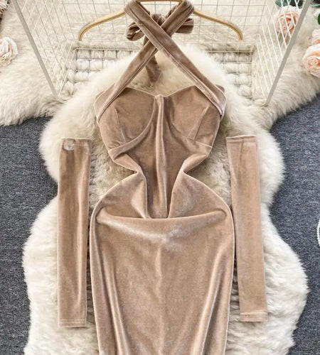 Korean Version Khaki Hanging Neck Sexy Club Slim Velvet Mini Dress Off Shoulder Backless Short Dress Spring Summer With Sleeves