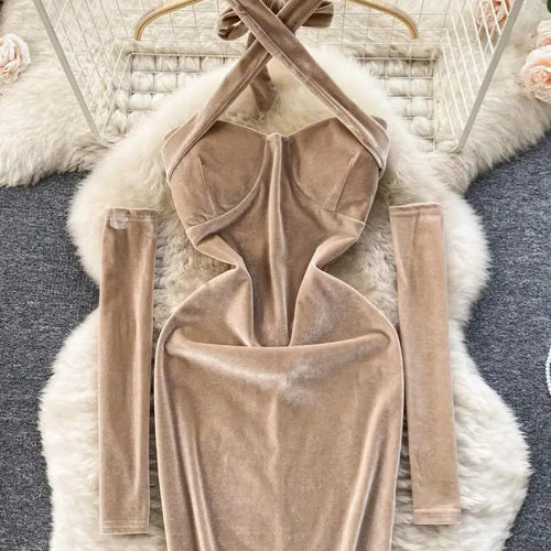 Load image into Gallery viewer, Korean Version Khaki Hanging Neck Sexy Club Slim Velvet Mini Dress Off Shoulder Backless Short Dress Spring Summer With Sleeves
