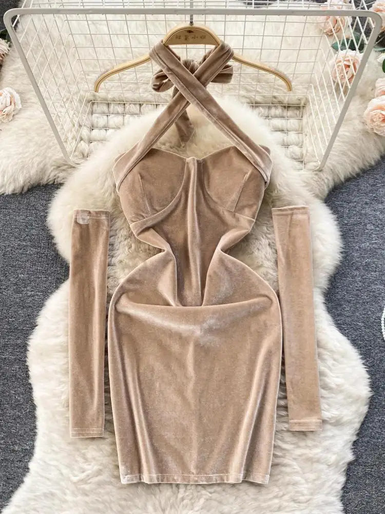 Korean Version Khaki Hanging Neck Sexy Club Slim Velvet Mini Dress Off Shoulder Backless Short Dress Spring Summer With Sleeves