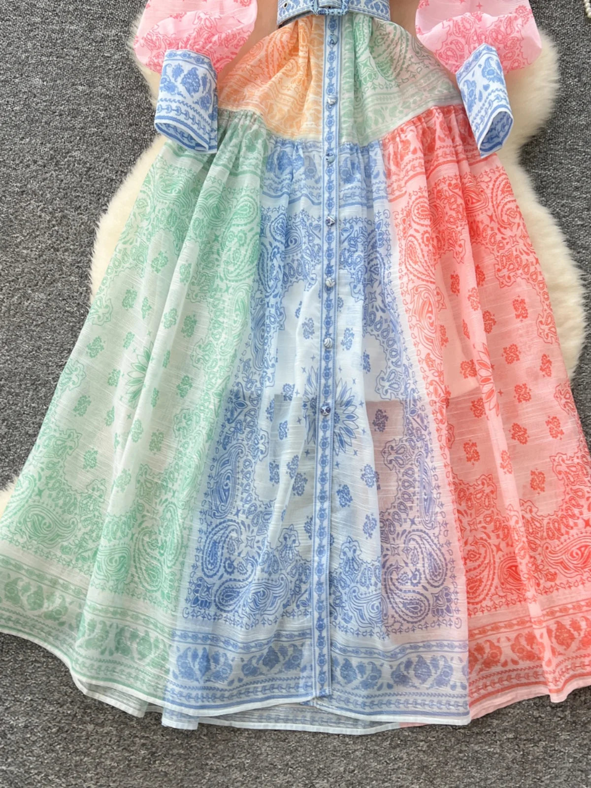Spring Autumn 2025 New Women Fashion Rainbow Print Elegant Shirt Long Dresses Vintage Single Breasted Party Dress Bohemian Trend