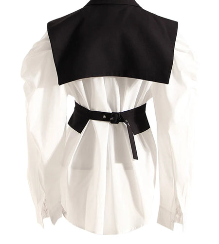 Women White Black Irregular Belted Pleated Blouse New Lapel Long Sleeve Loose Fit Shirt Fashion Spring Autumn 2025 1DF3855