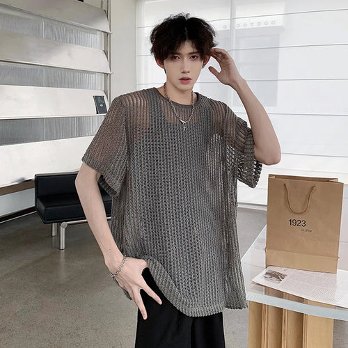 Load image into Gallery viewer, Men&#39;s Knitted T-shirt Short Sleeve Breathable Mesh Round Collar Stylish Solid Color Loose Top Summer Trend 9C5770
