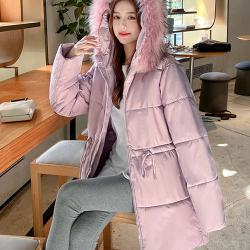 Load image into Gallery viewer, Thicken Slim-waist Cotton Jacket for Women Korean Winter Warm Mid Length Woman Parkas Fur Hooded White Coat Female M-XXL
