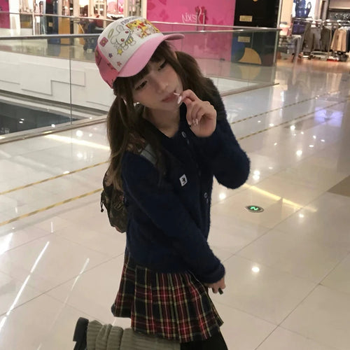 Load image into Gallery viewer, Japanese Y2k Furry Cardigan 2000s Style Knitted Fur Coat Vintage Harajuku Navy Blue Thick Knitwear Korean Fashion 90s
