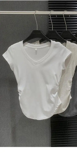 Load image into Gallery viewer, Summer Solid V Neck Pullover Irregular Pleated T Shirt Women Short Sleeved Holiday Tops 2024 Korean Fashion Simplicity Clothing
