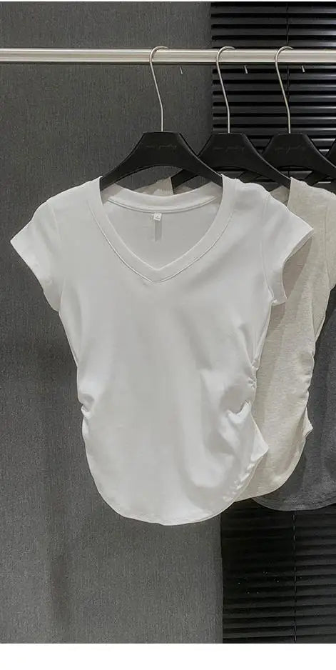 Summer Solid V Neck Pullover Irregular Pleated T Shirt Women Short Sleeved Holiday Tops 2024 Korean Fashion Simplicity Clothing