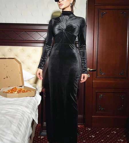 Velvet Turtleneck Long Sleeve Ruched Sexy Bodycon Maxi Prom Dress Fall Women Fashion Y2K Outfits Birthday Evening Party