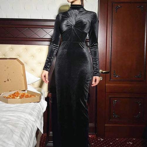 Load image into Gallery viewer, Velvet Turtleneck Long Sleeve Ruched Sexy Bodycon Maxi Prom Dress Fall Women Fashion Y2K Outfits Birthday Evening Party

