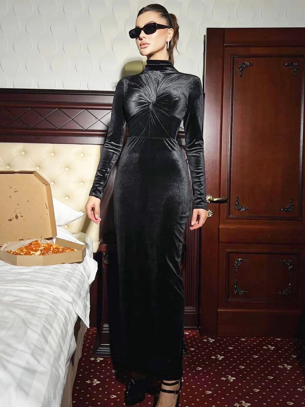 Velvet Turtleneck Long Sleeve Ruched Sexy Bodycon Maxi Prom Dress Fall Women Fashion Y2K Outfits Birthday Evening Party