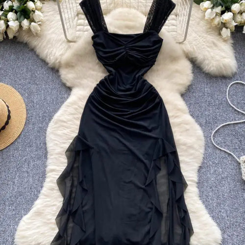 Load image into Gallery viewer, French Summer Fashion Women Black White Vacation Ruffle Edge Slip Long Dress Red Sexy Backless Slim Irregular Pleated Mesh Dress
