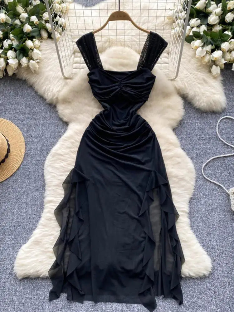 French Summer Fashion Women Black White Vacation Ruffle Edge Slip Long Dress Red Sexy Backless Slim Irregular Pleated Mesh Dress