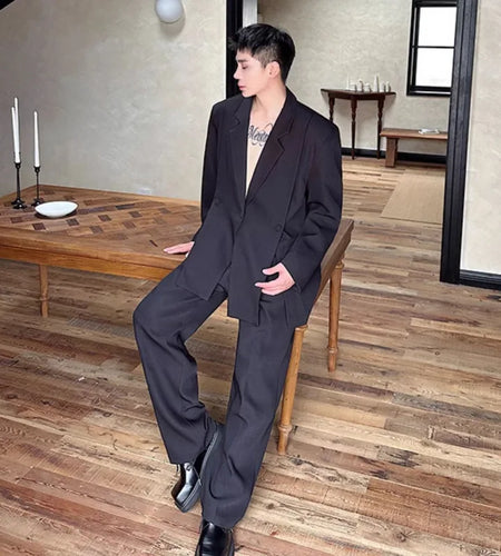 Korean Style Casual Male Two-Piece Set Slit Triple Breasted Solid Color Blazer Straight Leg Men's Pants Personalized 9C7239