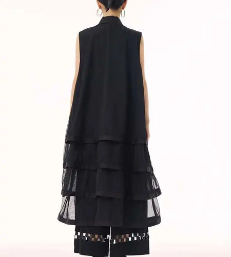 Women Black Layers Mesh Big Size Midi Vest Shirt Dress New Lapel Sleeveless Fashion Tide Spring Summer 2025 1DH9472