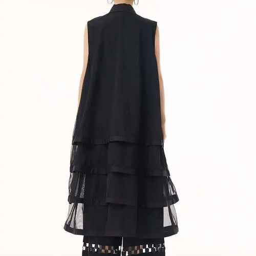 Load image into Gallery viewer, Women Black Layers Mesh Big Size Midi Vest Shirt Dress New Lapel Sleeveless Fashion Tide Spring Summer 2025 1DH9472
